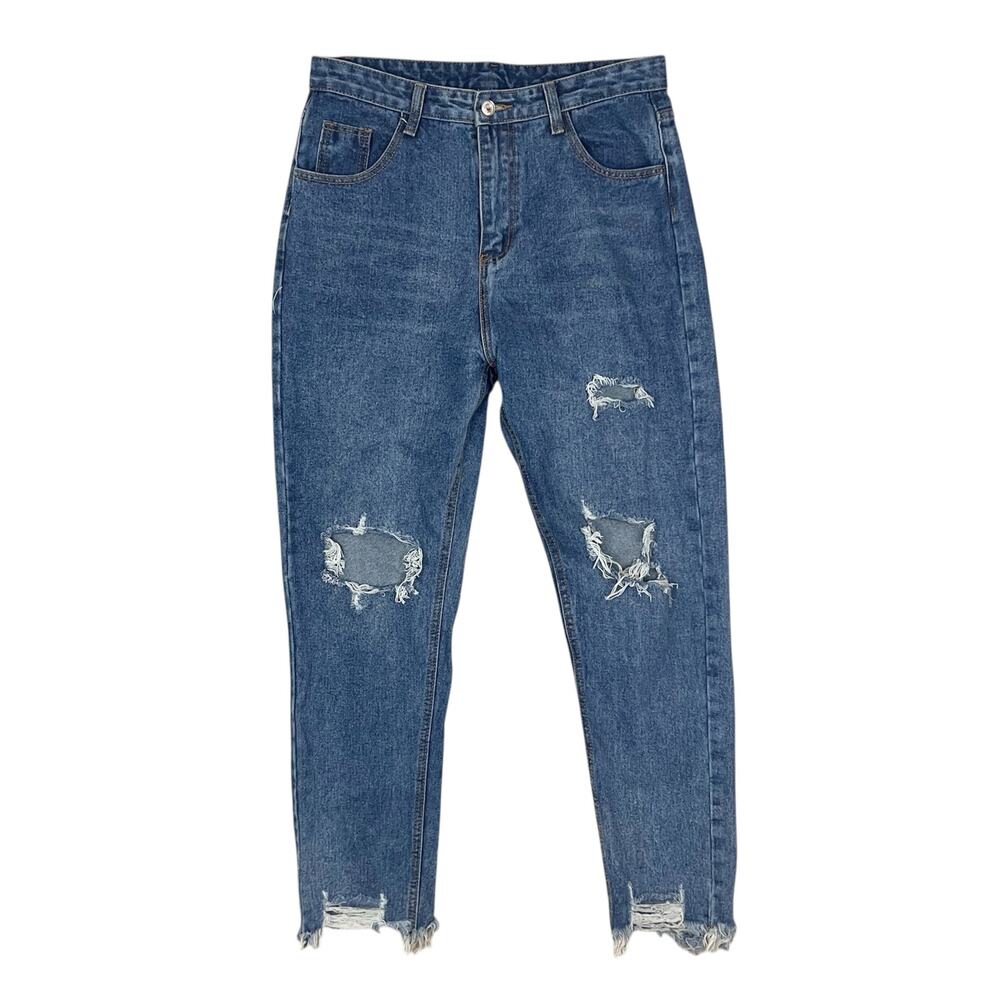 Shein Distressed Denim High Rise Straight Leg Jeans Size Large
